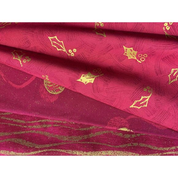 Vintage 2 Yds Metallic Gold Ornaments on Cranberry Magenta Cotton Holiday Fabric - Picture 2 of 2